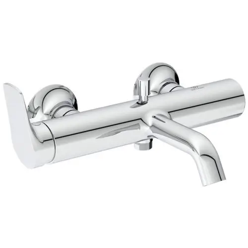 Chromfarbige Armatur von Ideal Standard mit zwei Griffen und einem seitlichen Auslauf, geeignet für Badewanneninstallation.